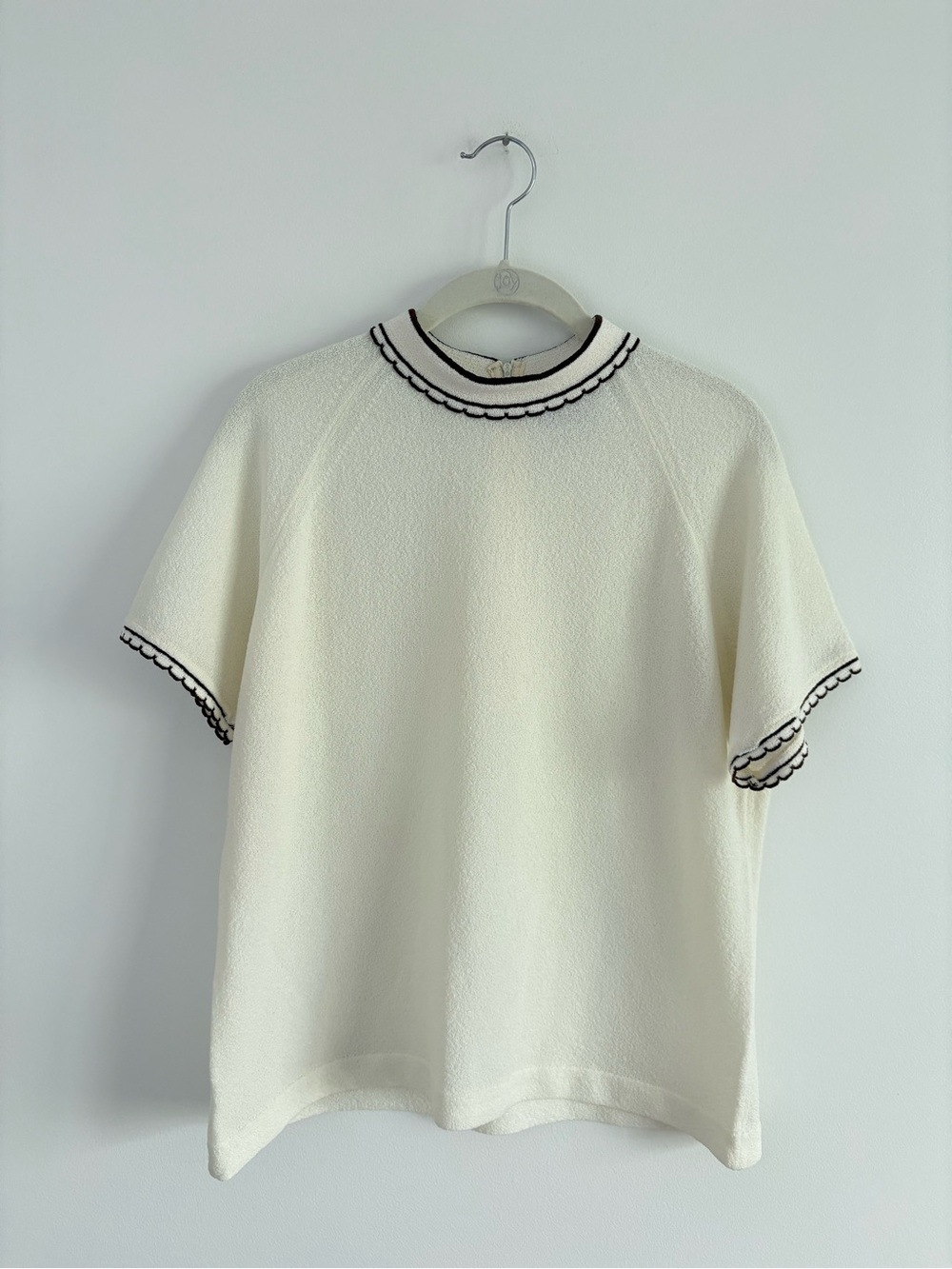 Vintage 60s Talbott Brown Scallop Accent Short Sleeve Mock Neck Top Size 42